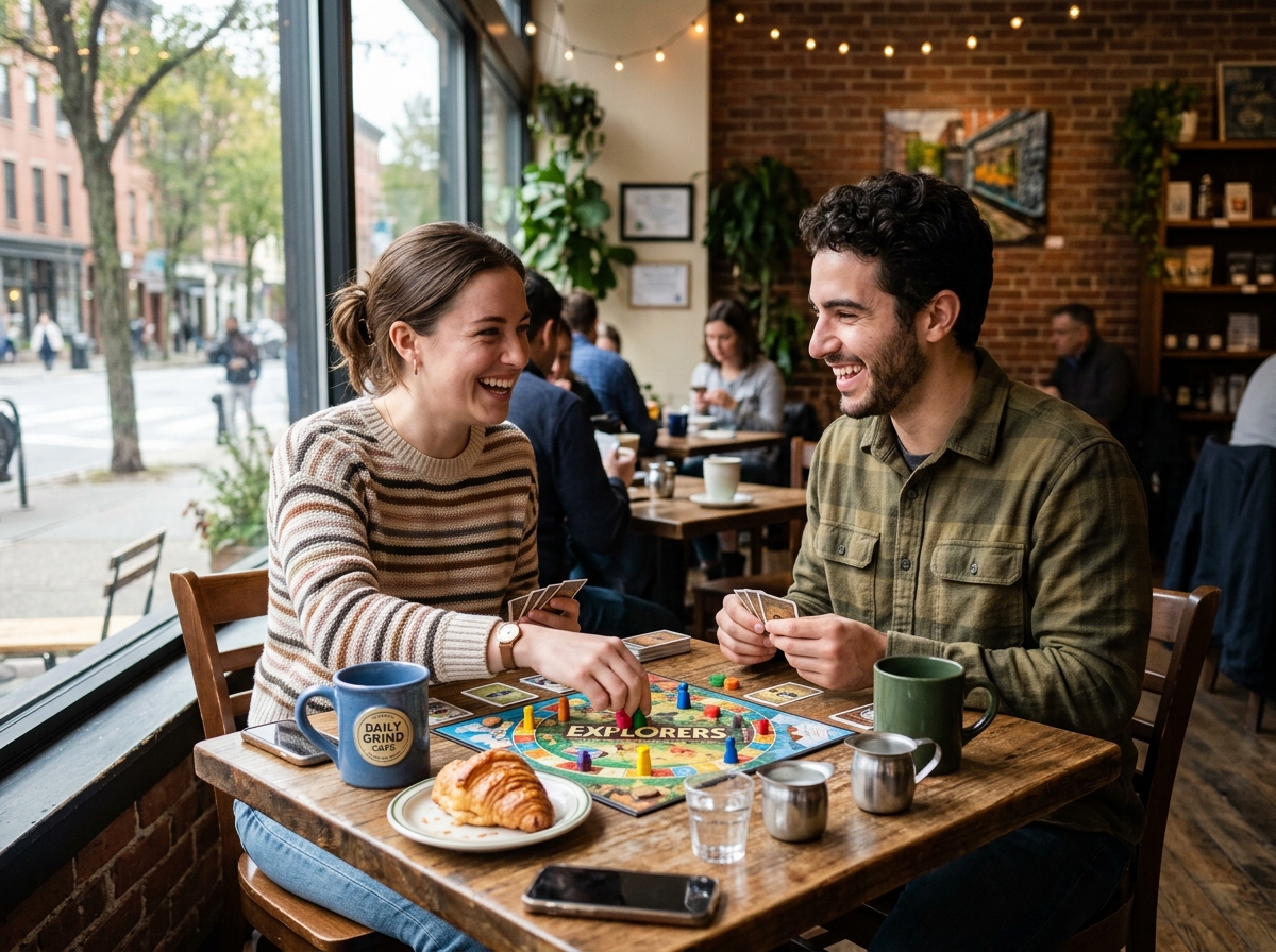 a couple enjoying a quick board game session at a local cafe table - quick play board games a couple enjoying a quick board game session at a local cafe table - quick play board games