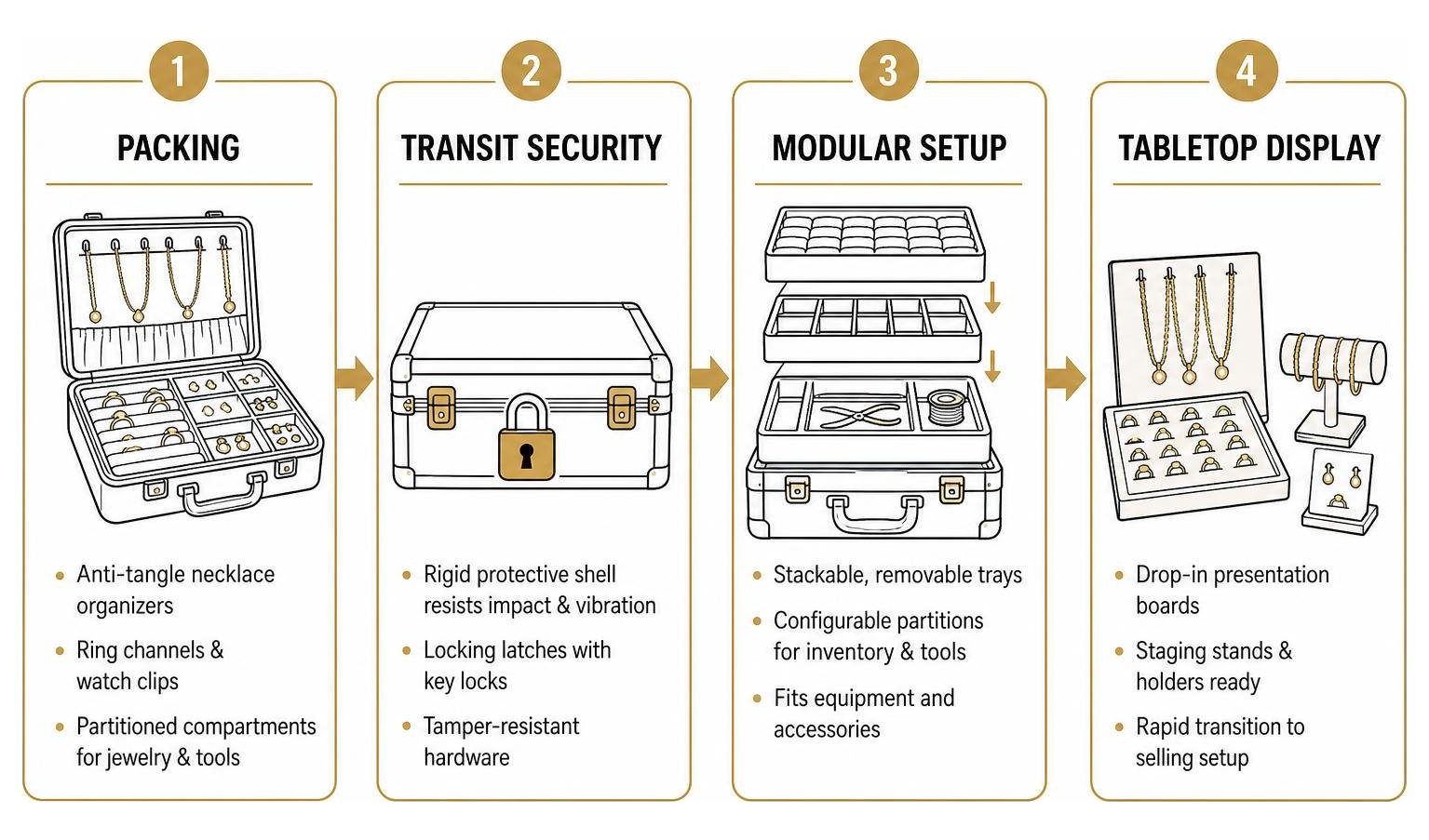 Jewelry transport workflow: packing, transit security, modular setup, tabletop display Jewelry transport workflow: packing, transit security, modular setup, tabletop display