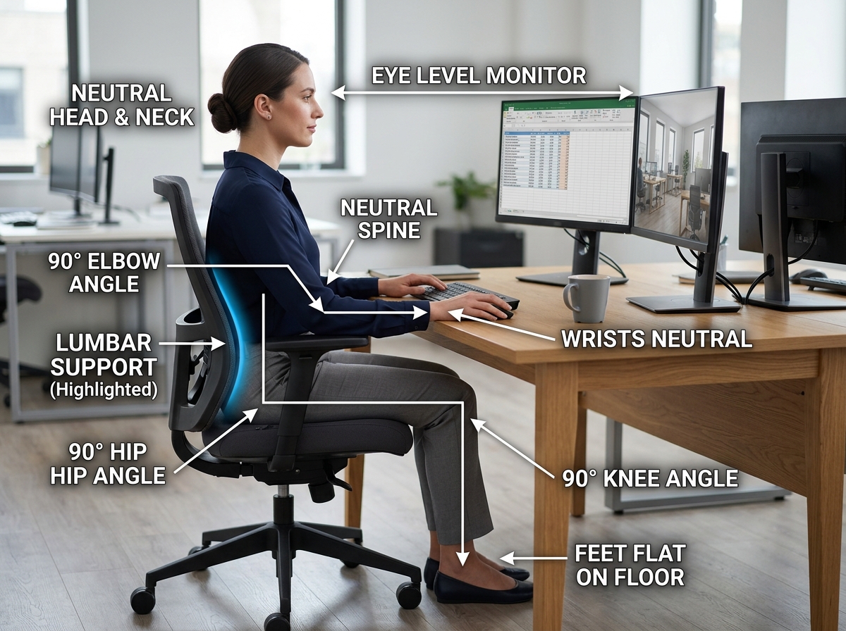 Diagram of proper seated posture with 90-degree angles and lumbar support - office ergonomics rsi guide Diagram of proper seated posture with 90-degree angles and lumbar support - office ergonomics rsi guide