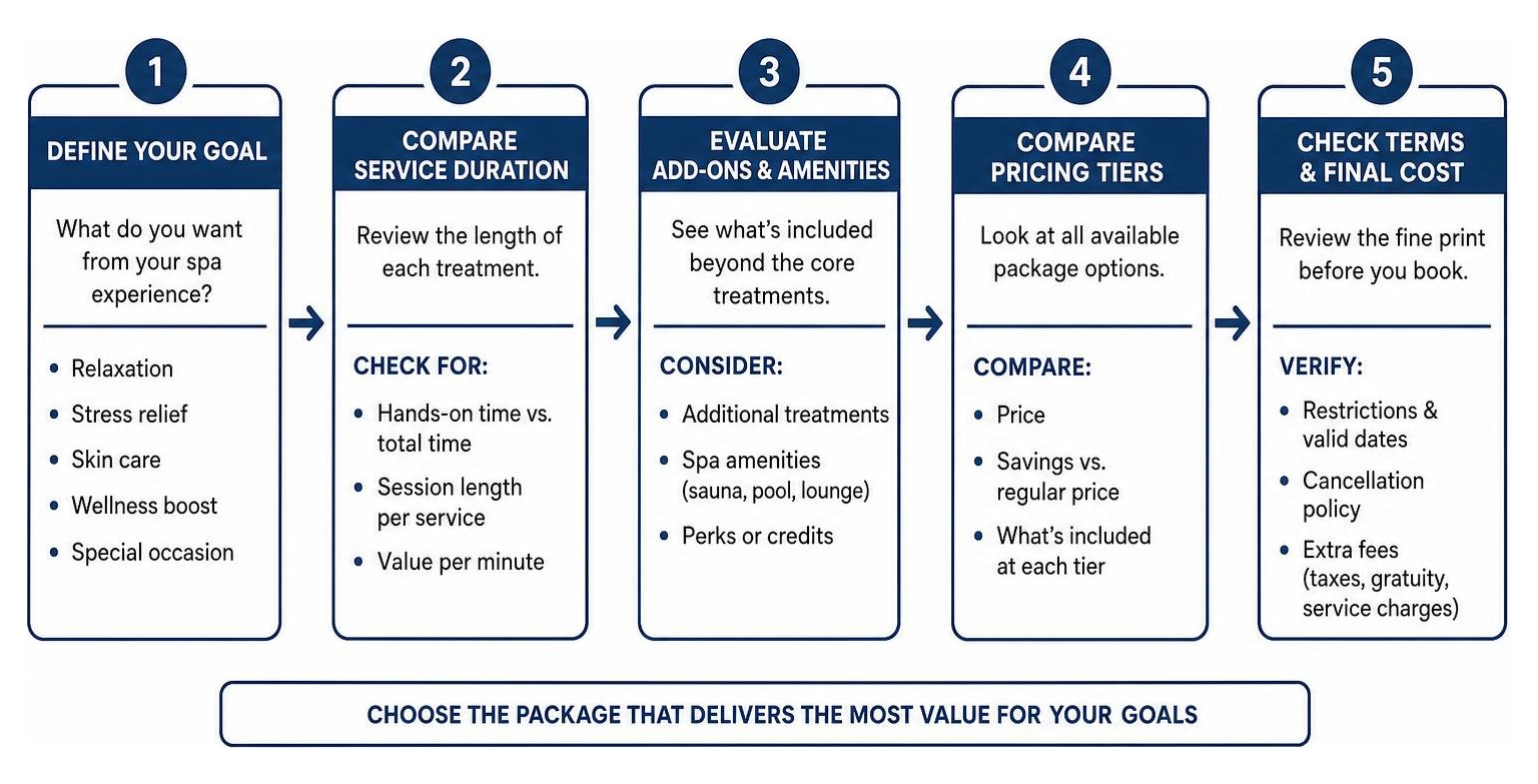Diagram showing process of evaluating spa package value by comparing service duration, add-ons, and pricing tiers