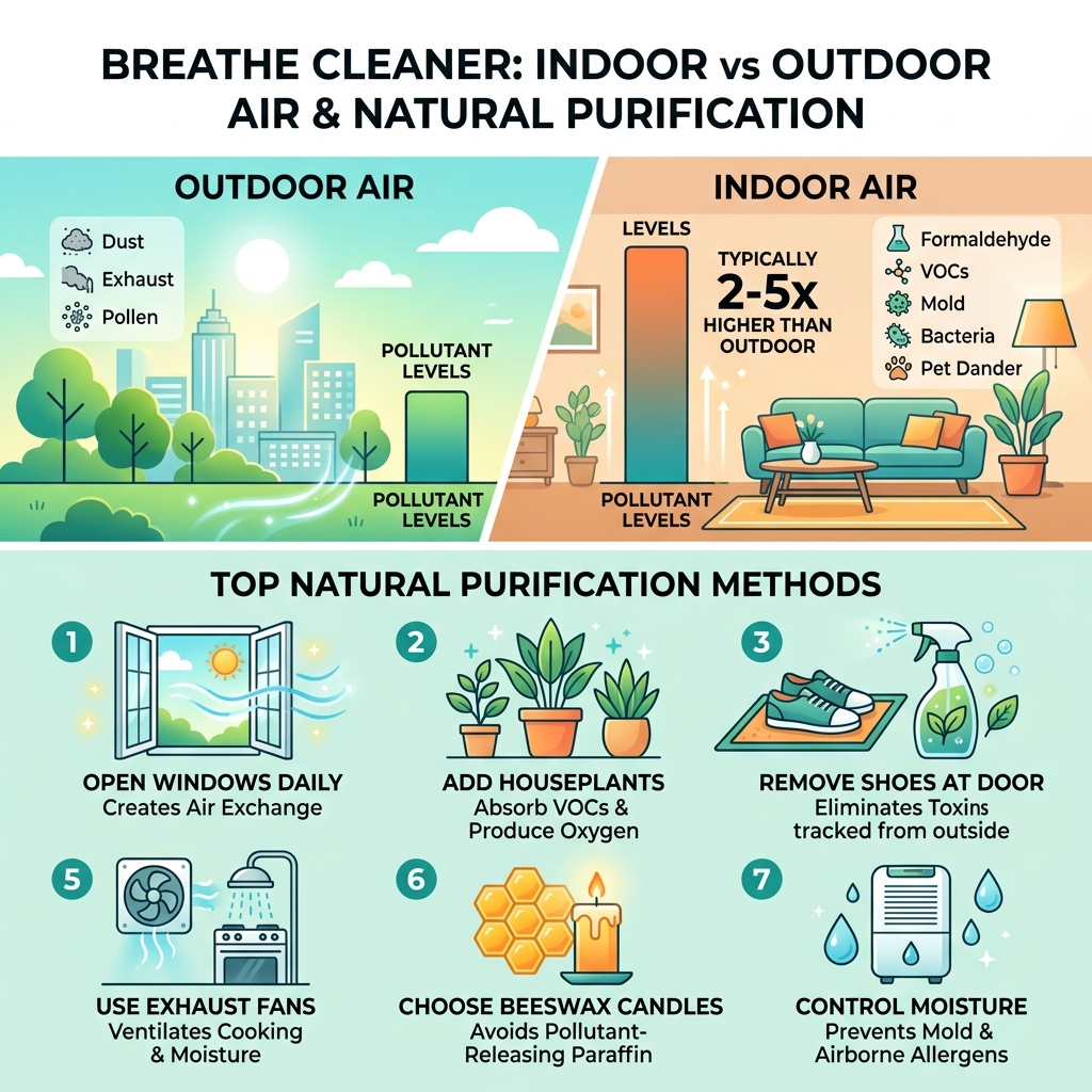 infographic comparing indoor vs outdoor air pollutant levels and top natural purification methods - how to purify air