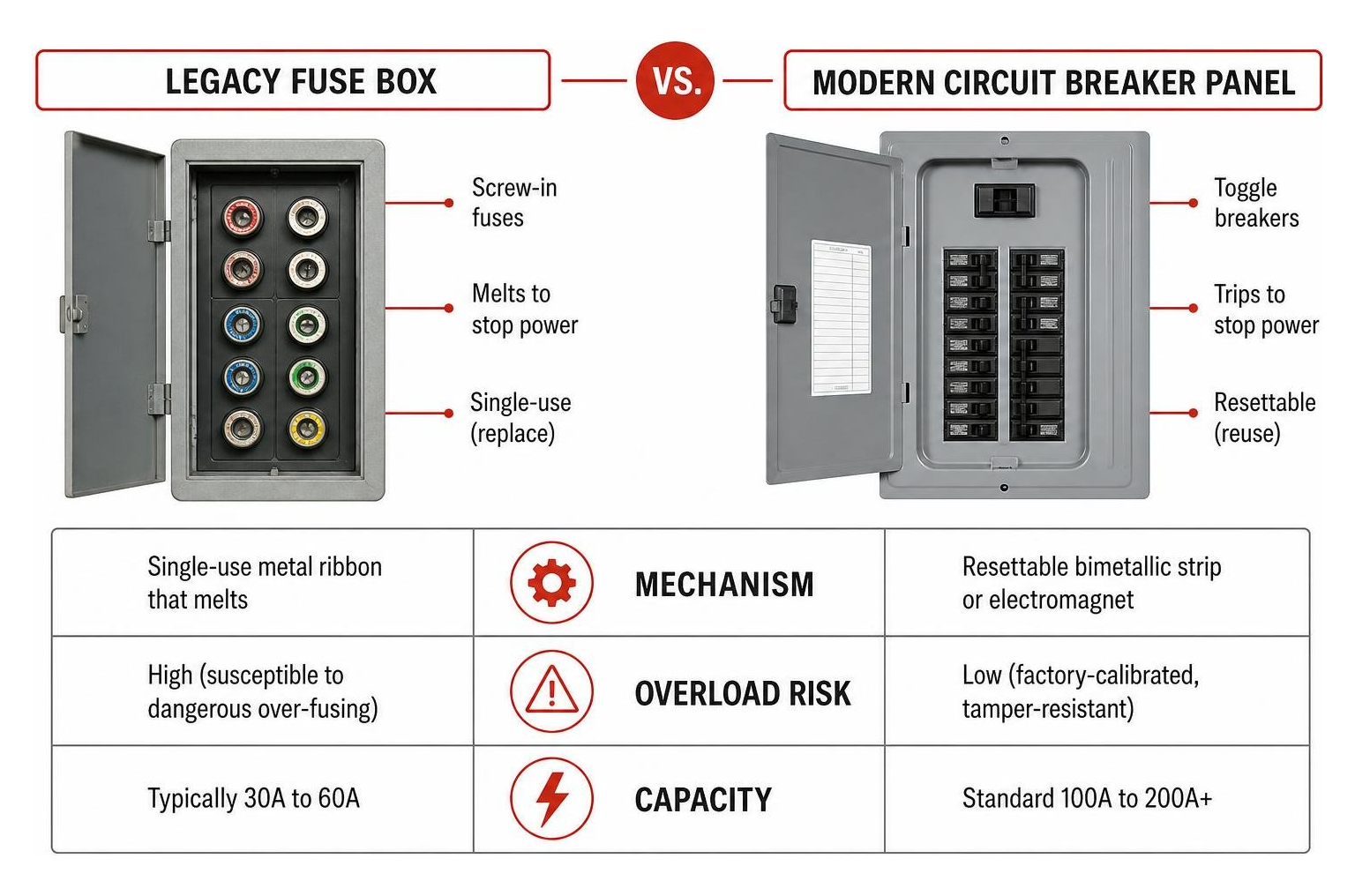 Comparison of obsolete fuse boxes and modern circuit breaker panels Comparison of obsolete fuse boxes and modern circuit breaker panels