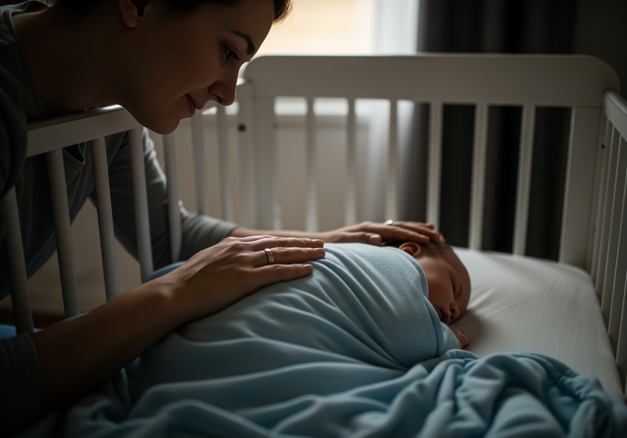 Parent comforting baby in crib - 6 month old sleeping
