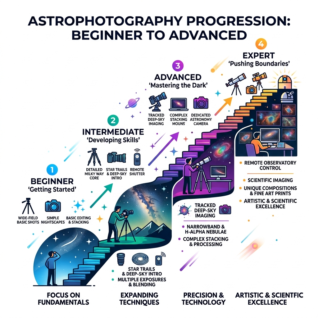beginner to advanced astrophotography progression infographic - astrophotography workshop near me infographic beginner to advanced astrophotography progression infographic - astrophotography workshop near me infographic