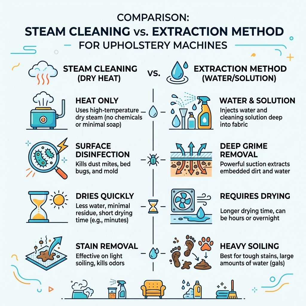 Comparison infographic: steam cleaning vs. extraction method for upholstery machines - best upholstery cleaner machine Comparison infographic: steam cleaning vs. extraction method for upholstery machines - best upholstery cleaner machine