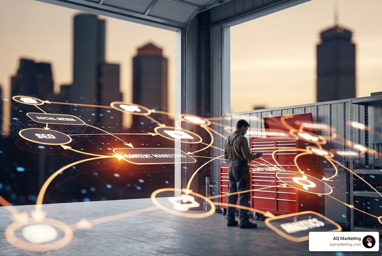 A dynamic marketing strategy flowchart, with arrows connecting website analytics data points to strategic actions like content creation, ad campaign adjustments, and customer service improvements, set against a backdrop of a Massachusetts cityscape - insurance website analytics A dynamic marketing strategy flowchart, with arrows connecting website analytics data points to strategic actions like content creation, ad campaign adjustments, and customer service improvements, set against a backdrop of a Massachusetts cityscape - insurance website analytics