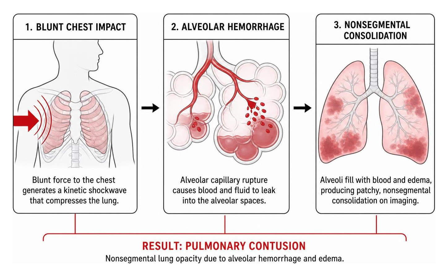 Pathophysiology diagram showing blunt chest impact leading to alveolar hemorrhage and nonsegmental consolidation Pathophysiology diagram showing blunt chest impact leading to alveolar hemorrhage and nonsegmental consolidation