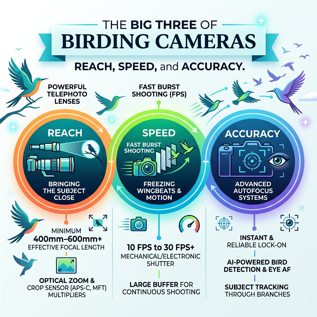 Infographic showing the Big Three of birding cameras: Reach, Speed, and Accuracy with key specs - best camera for taking