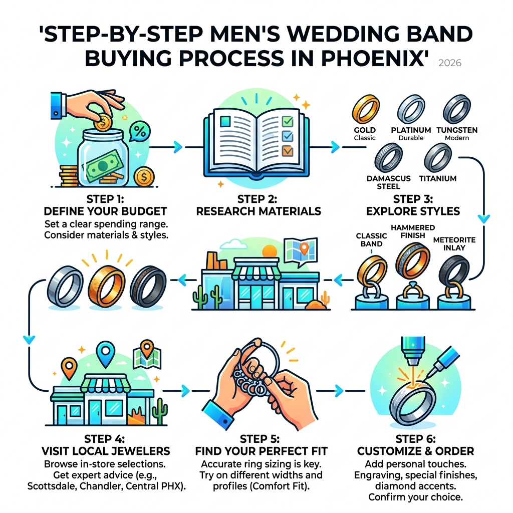 Step-by-step men's wedding band buying process infographic - Mens Wedding Bands in Phoenix infographic Step-by-step men's wedding band buying process infographic - Mens Wedding Bands in Phoenix infographic