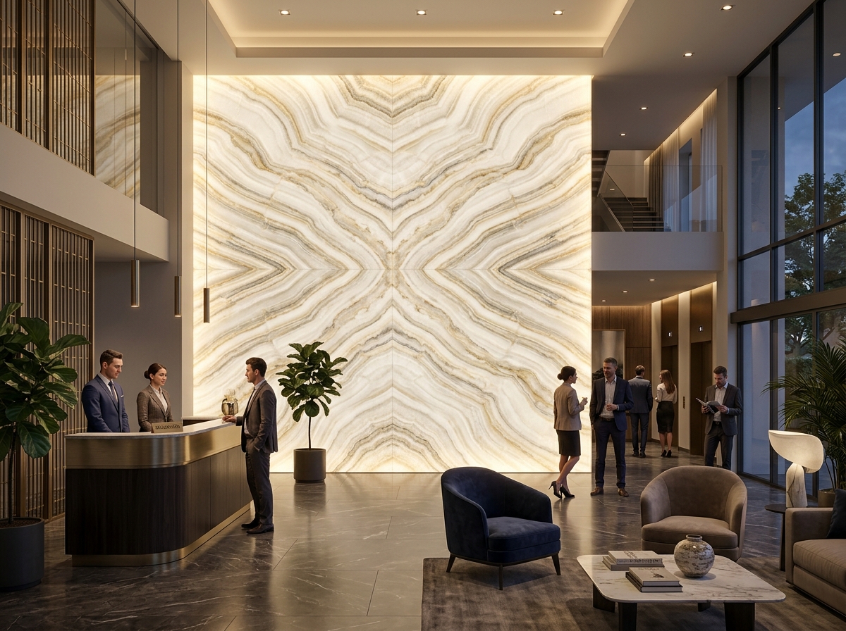book-matched white onyx panels in a luxury lobby - backlit onyx feature walls book-matched white onyx panels in a luxury lobby - backlit onyx feature walls