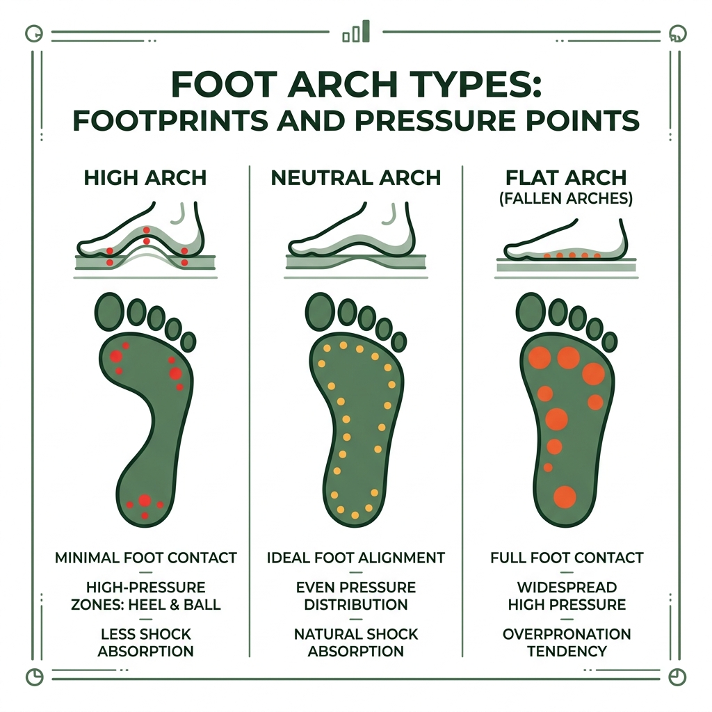 Infographic comparing high arch, neutral arch, and flat arch footprints and pressure points - inserts for fallen arches Infographic comparing high arch, neutral arch, and flat arch footprints and pressure points - inserts for fallen arches