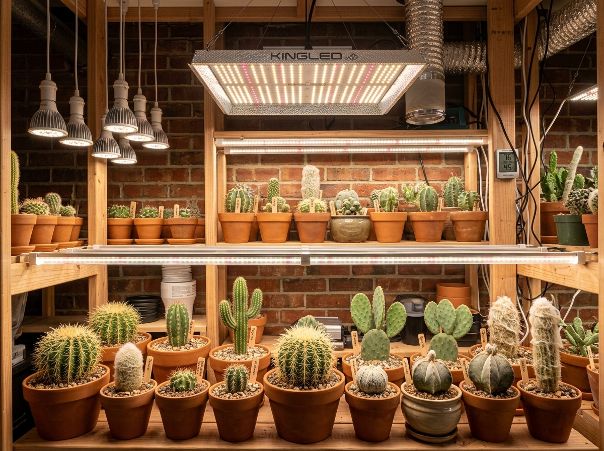 Various grow light form factors: panels, bulbs, and strips over cacti - artificial light for cactus Various grow light form factors: panels, bulbs, and strips over cacti - artificial light for cactus