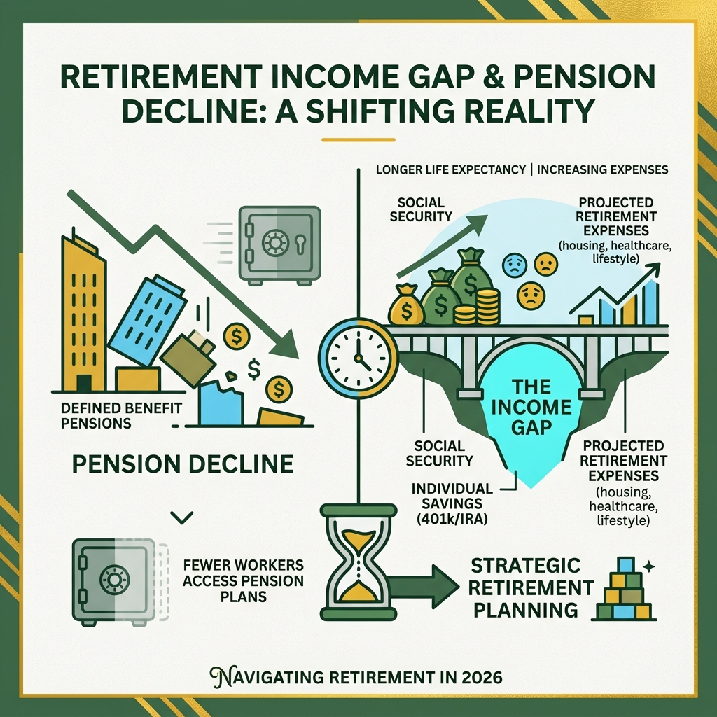 retirement income gap and pension decline infographic
