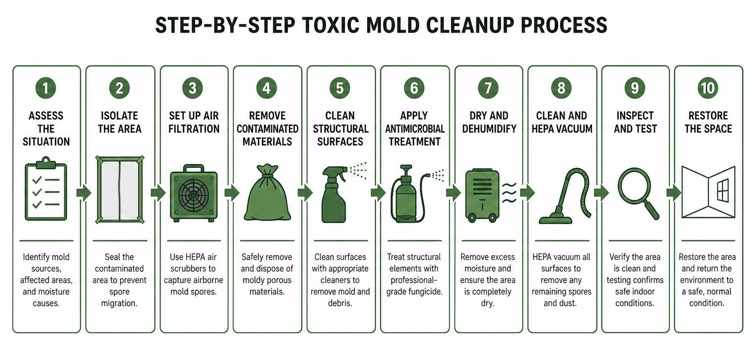 step-by-step sequence of professional toxic mold cleanup