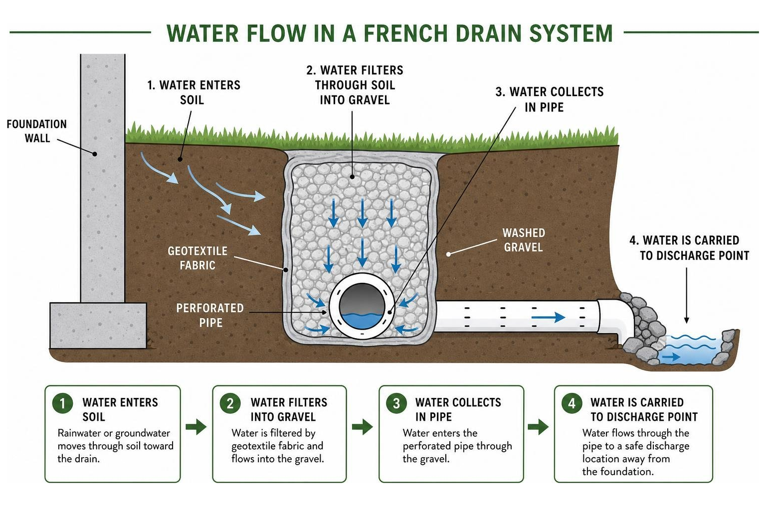 Diagram of water flow in a French drain system