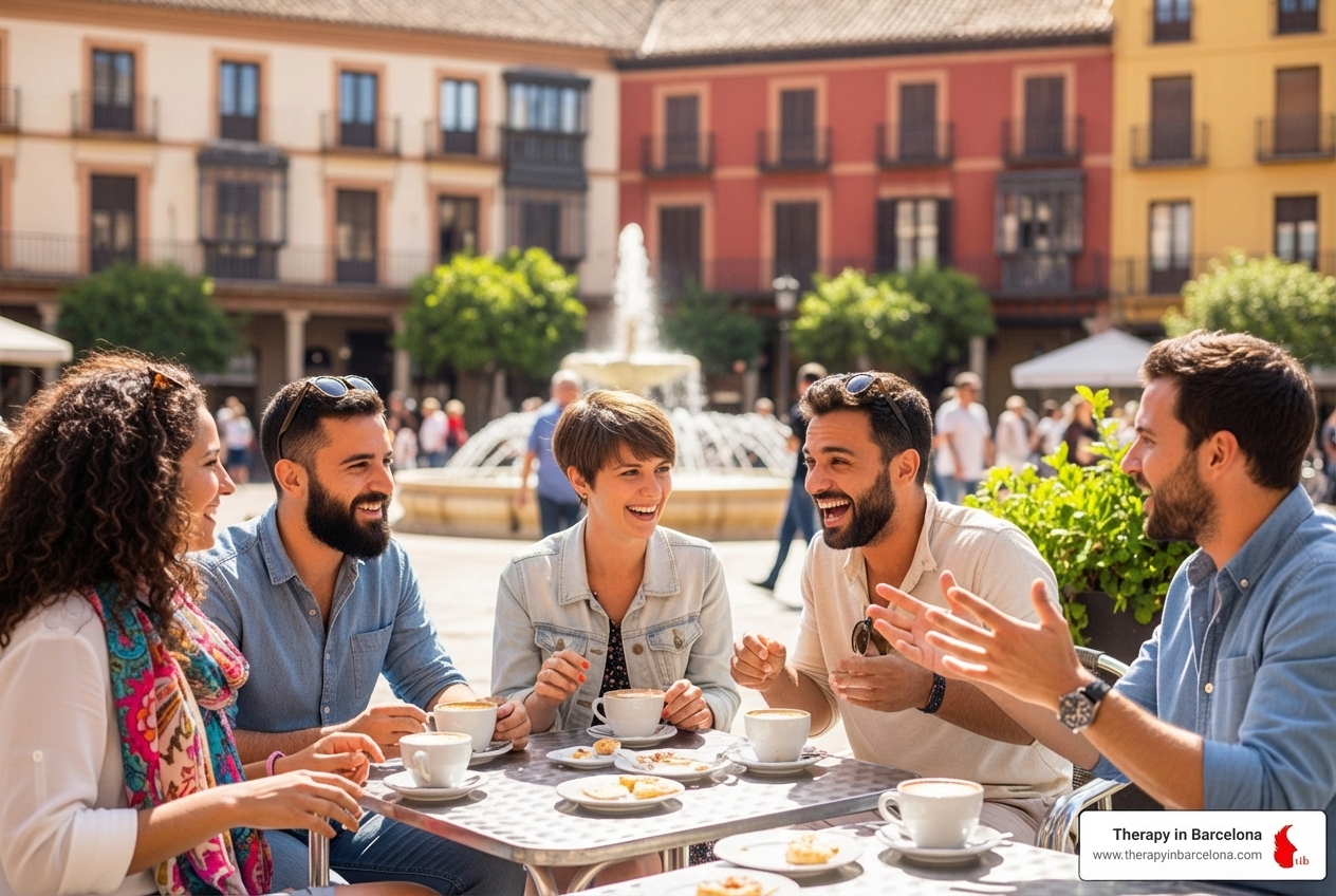 Diverse group of friends having coffee in a Spanish plaza - living abroad challenges Diverse group of friends having coffee in a Spanish plaza - living abroad challenges