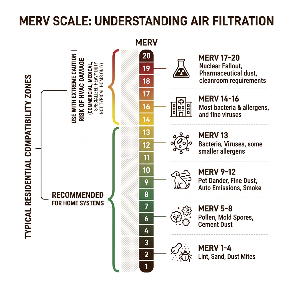 Infographic showing the MERV scale from 1 to 20 with particle types captured and residential compatibility zones - is merv