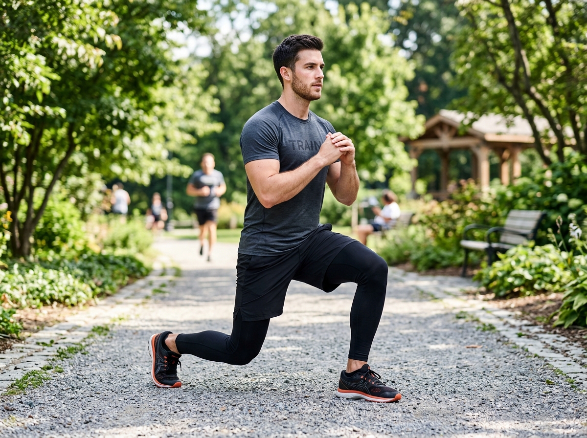 Man performing a Bulgarian split squat with perfect upright posture - bodyweight leg workout for men Man performing a Bulgarian split squat with perfect upright posture - bodyweight leg workout for men