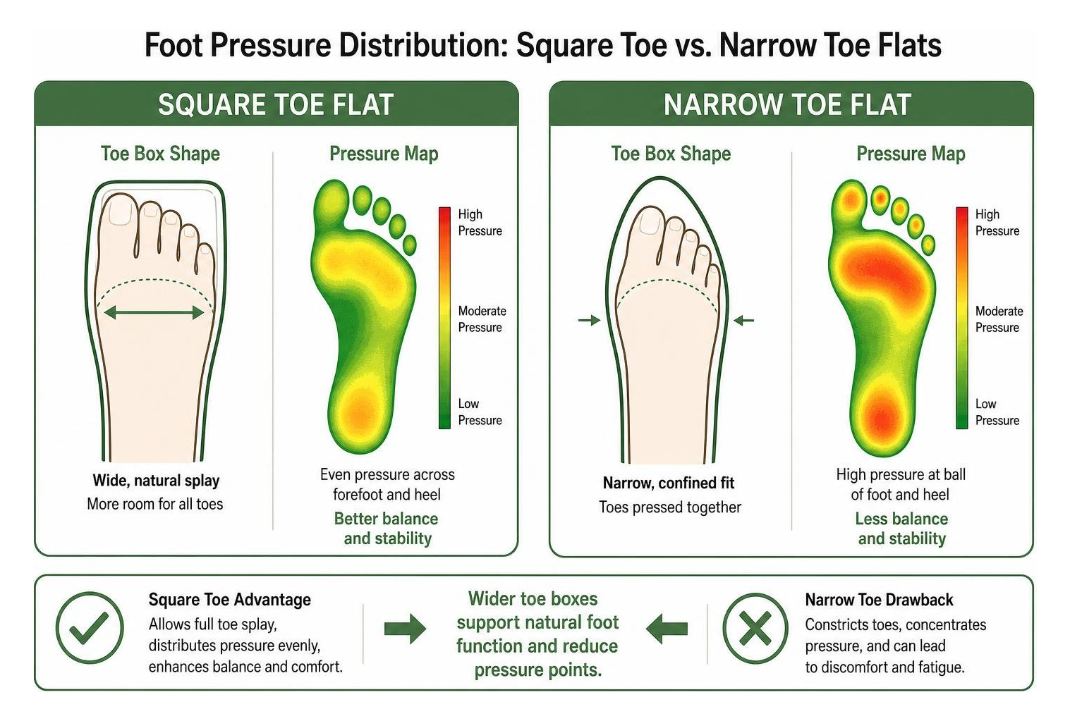 Comparison diagram of foot pressure distribution in square toe vs narrow toe flats Comparison diagram of foot pressure distribution in square toe vs narrow toe flats