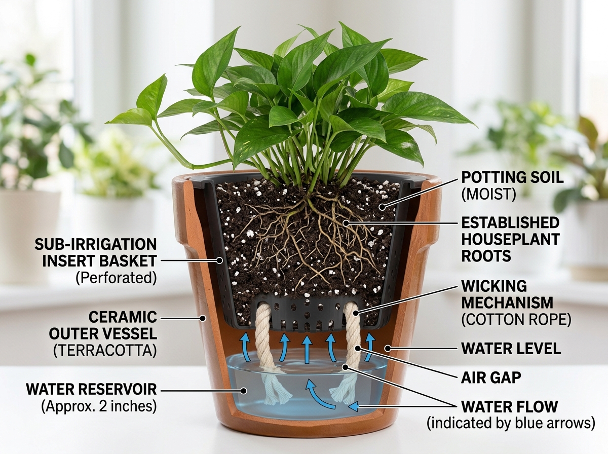 cross-section diagram of a ceramic pot with a sub-irrigation insert - ceramic self watering pots