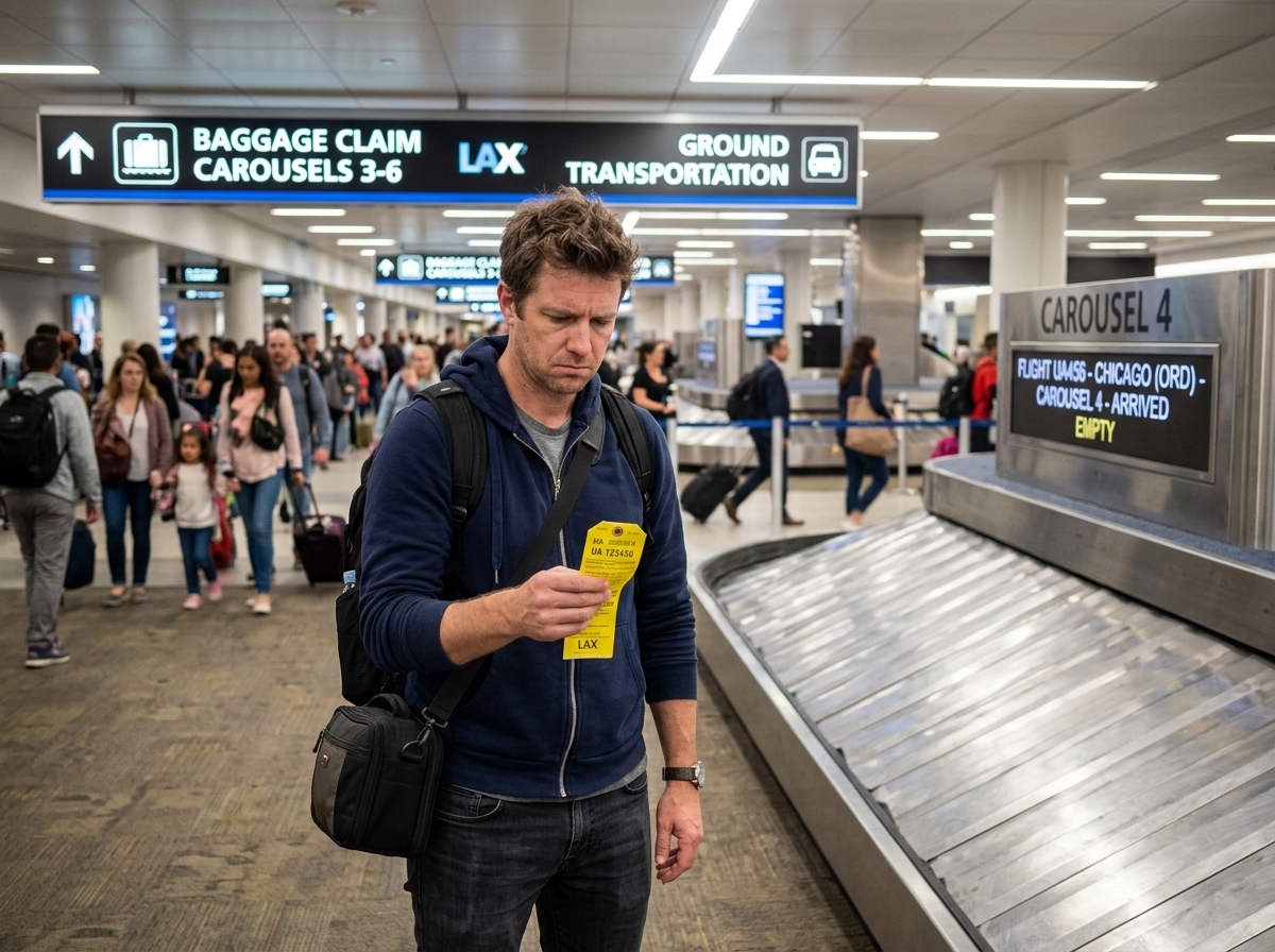 A traveler holding a baggage claim tag near an empty carousel - lost baggage claim process