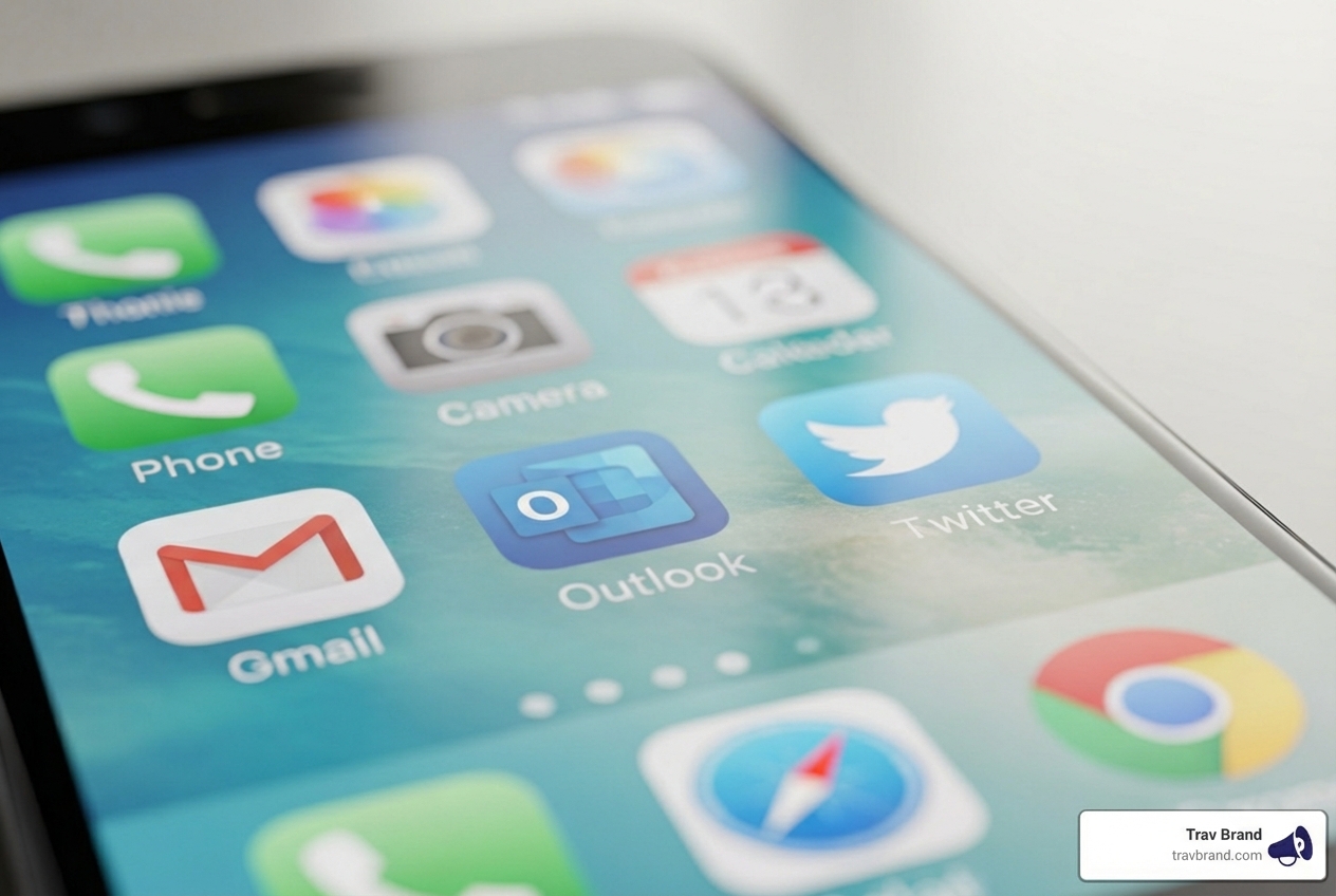 smartphone screen showing various app icons like email, social media, and a web browser - Online store marketing strategy
