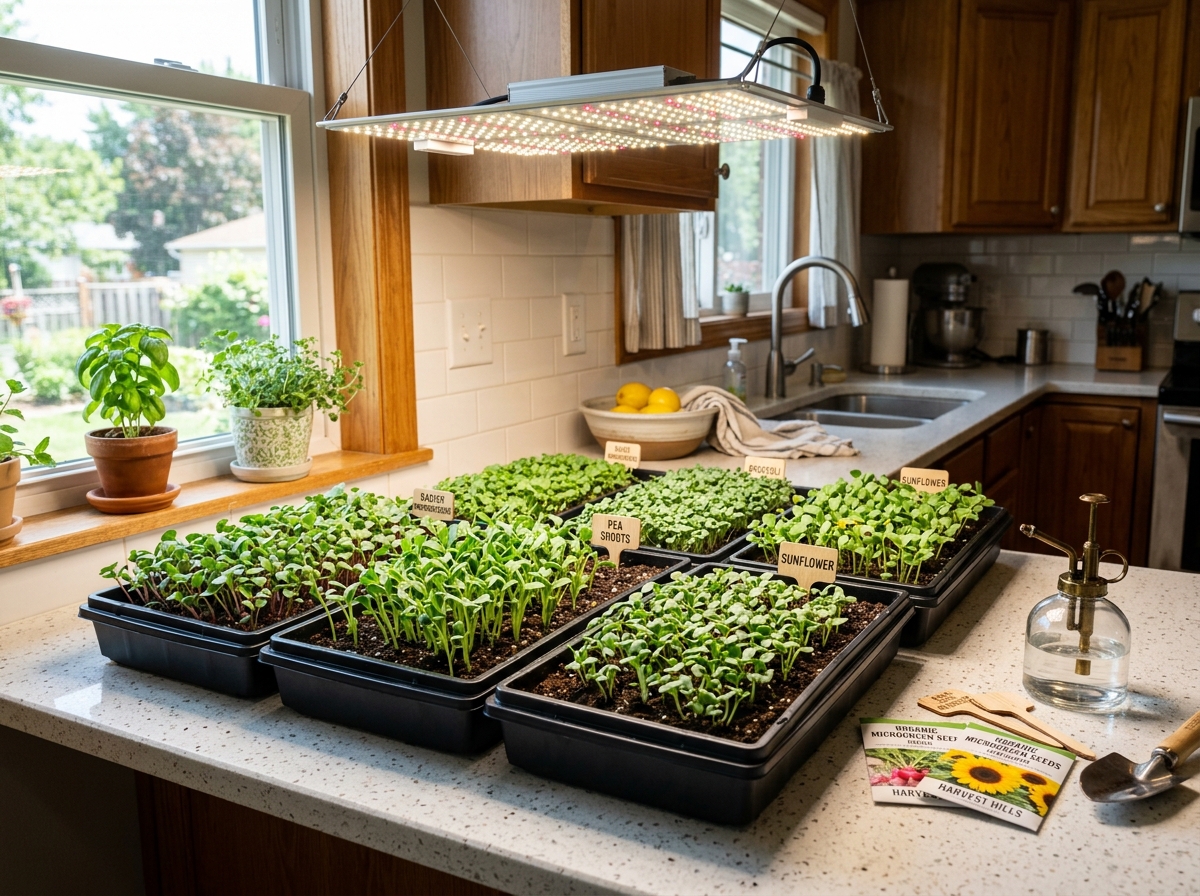 Microgreen equipment setup with trays and lights - best way to grow microgreens at home
