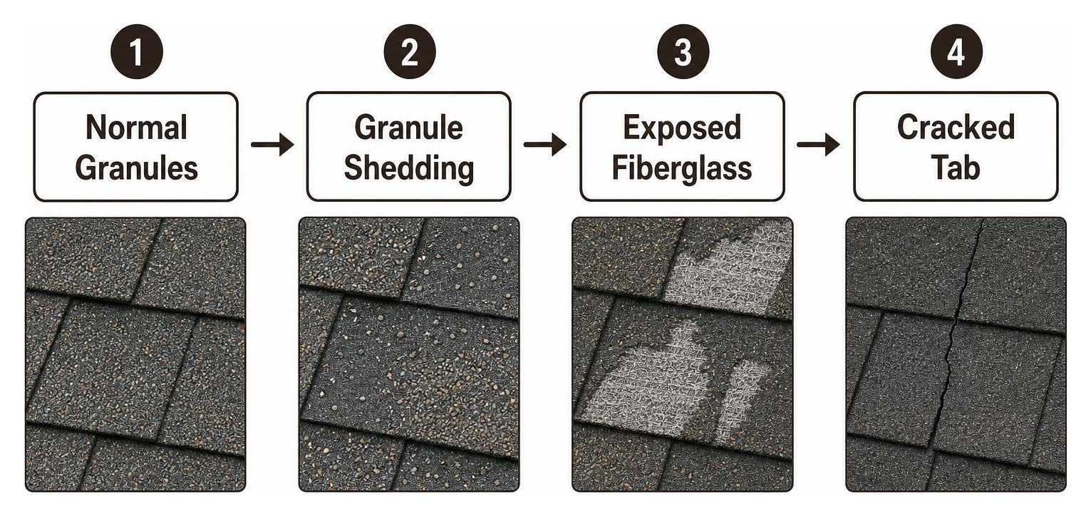Shingle wear progression: normal granules, granule shedding, exposed fiberglass, cracked tab