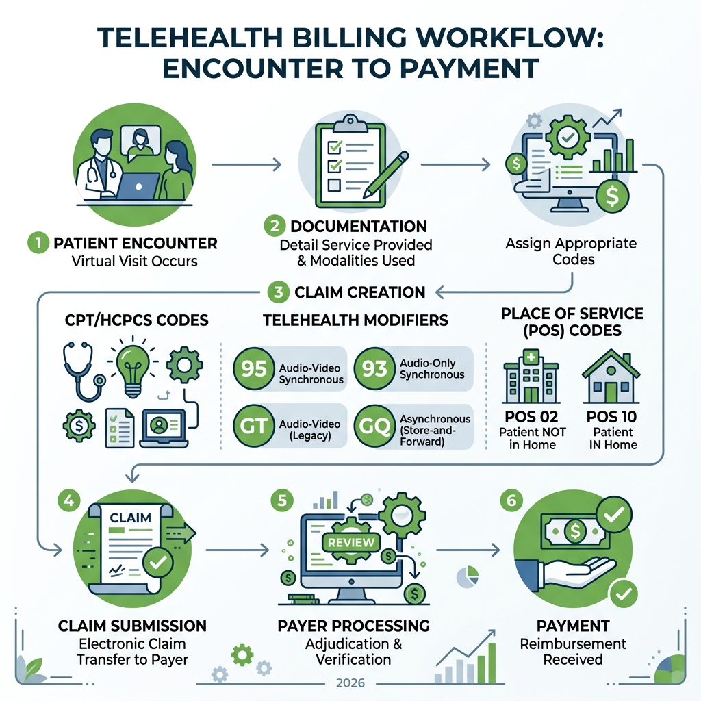 Telehealth billing workflow infographic from encounter to payment with modifiers and POS codes - telehealth billing