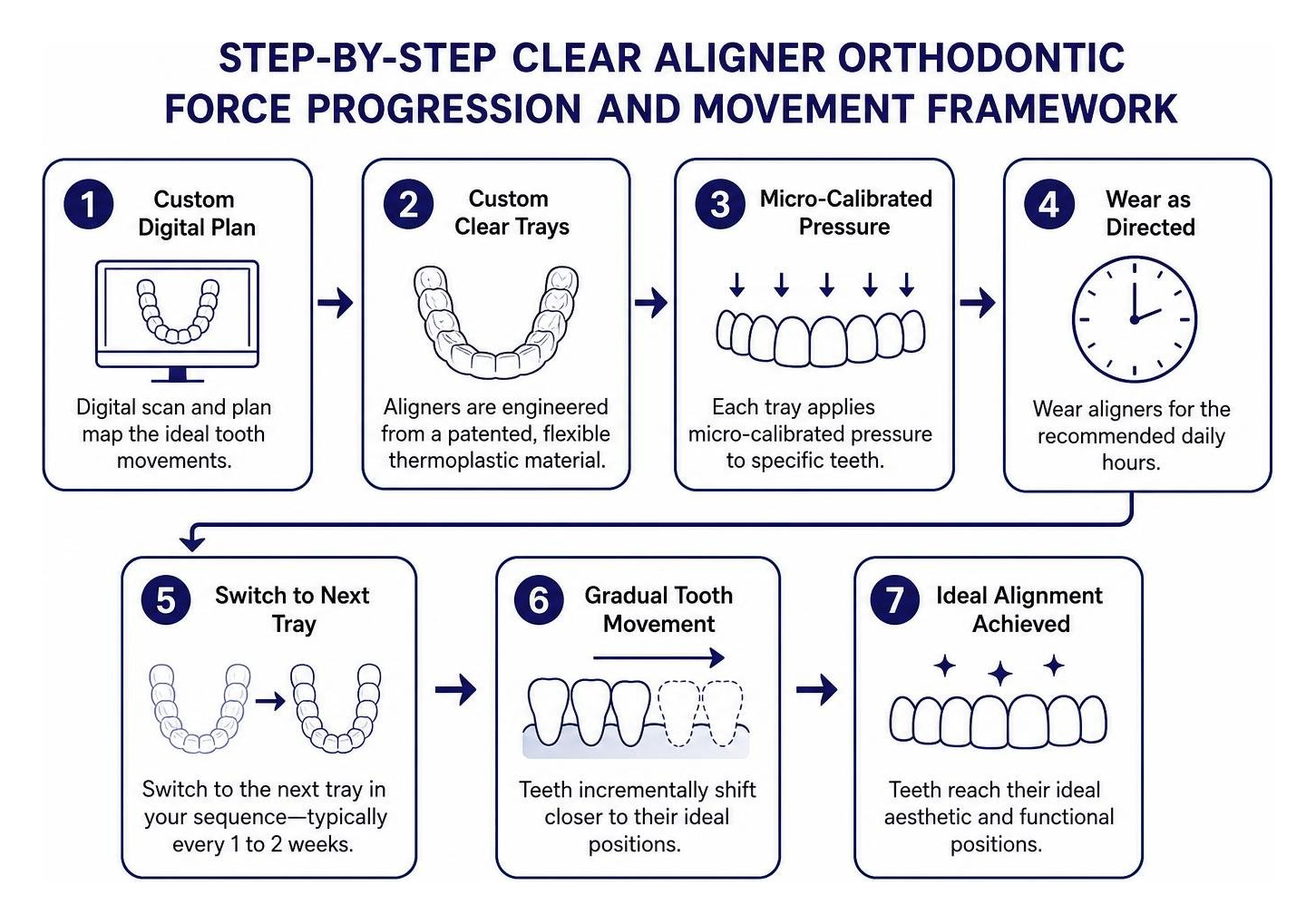 Step-by-step clear aligner orthodontic force progression and movement framework