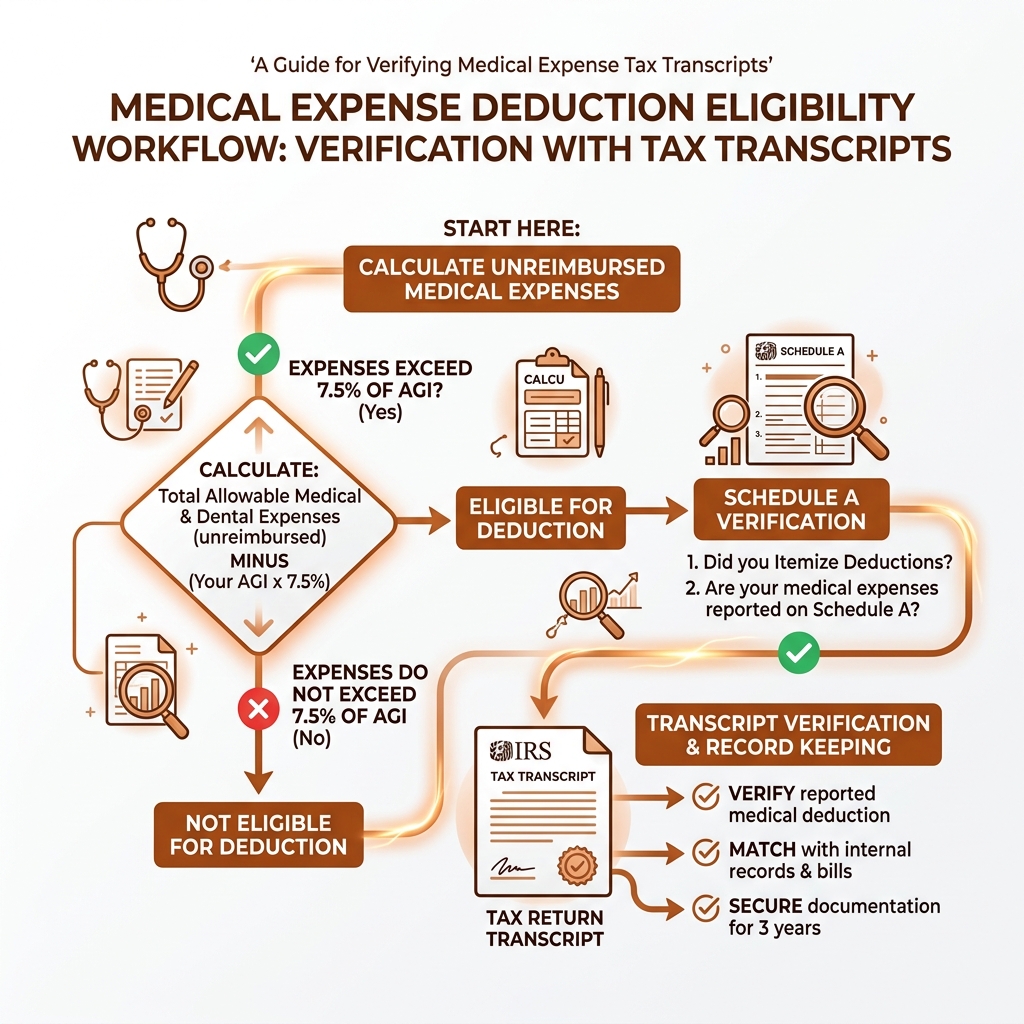Medical expense deduction eligibility workflow: AGI threshold, qualifying expenses, Schedule A, and transcript verification