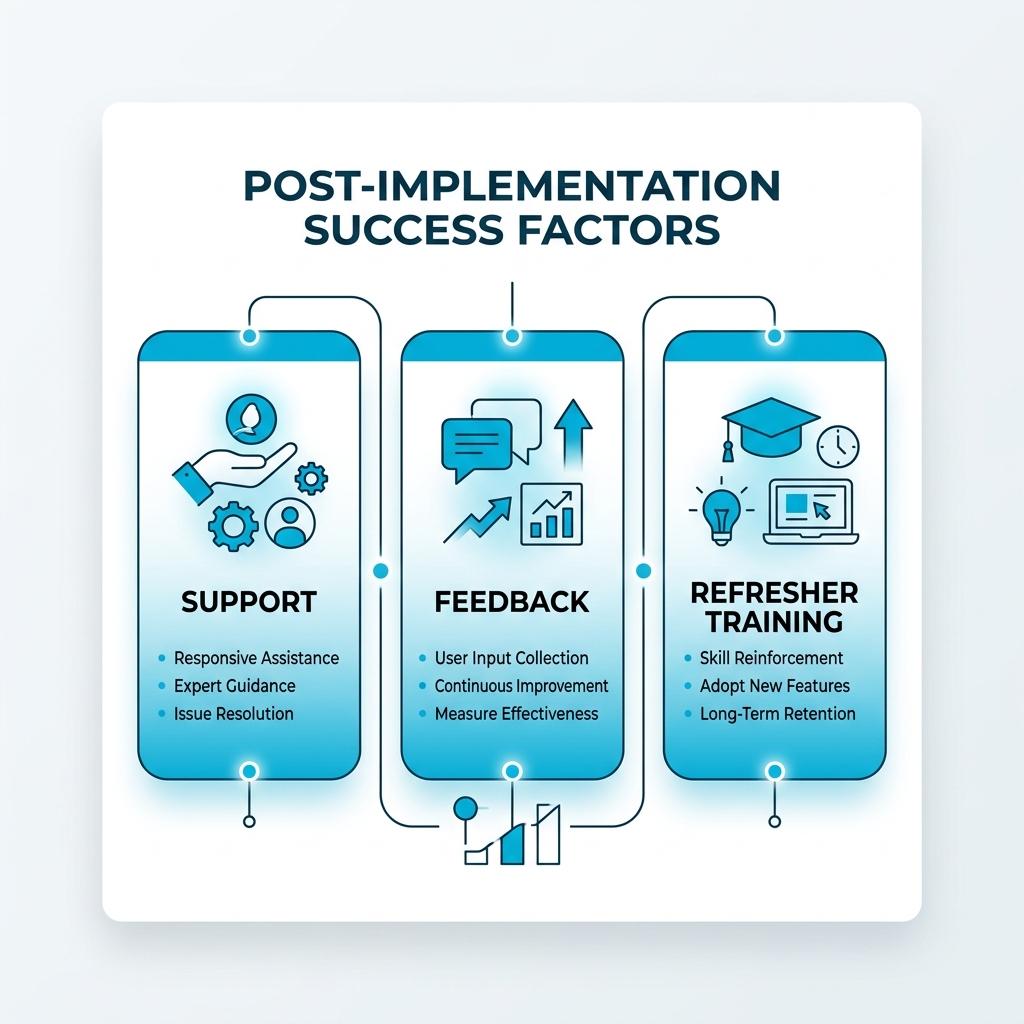 Infographic showing post-implementation success factors: Support, Feedback, and Refresher Training - crm setup and training Infographic showing post-implementation success factors: Support, Feedback, and Refresher Training - crm setup and training