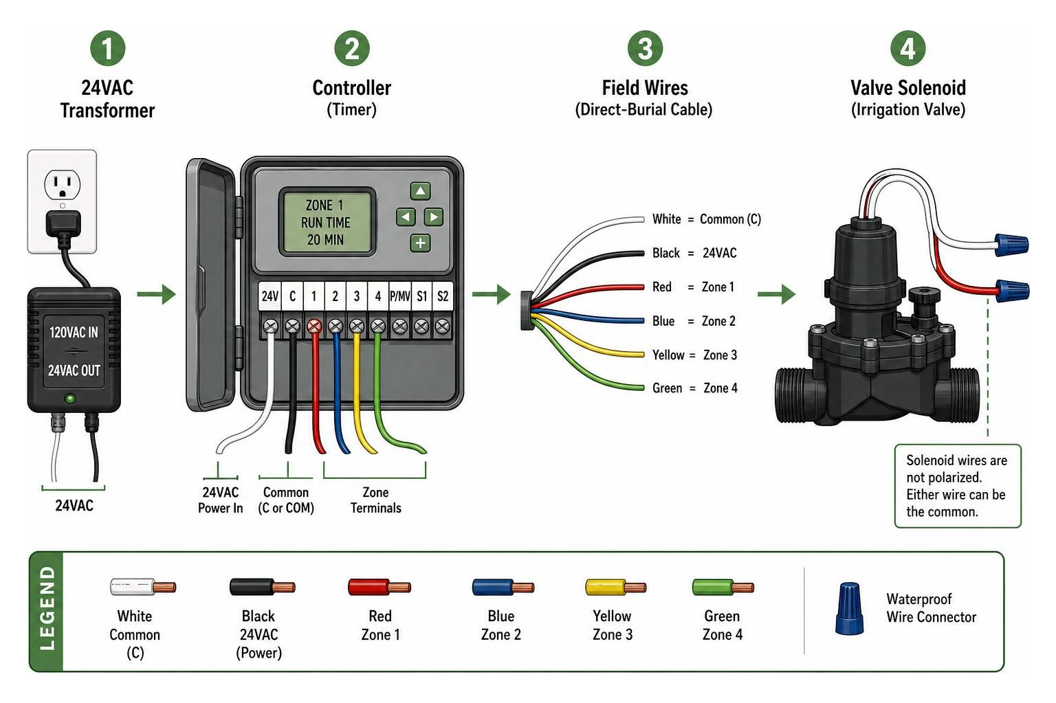 Sprinkler system electrical power flow from 24VAC transformer to controller to valve solenoid