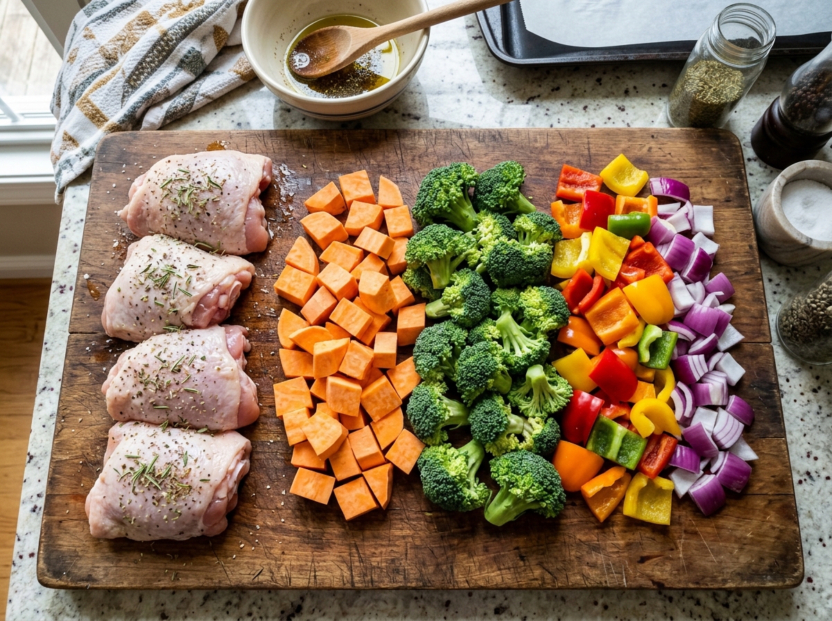 raw ingredients for sheet pan dinner including chicken, sweet potatoes, broccoli, and peppers - chicken and vegetable sheet