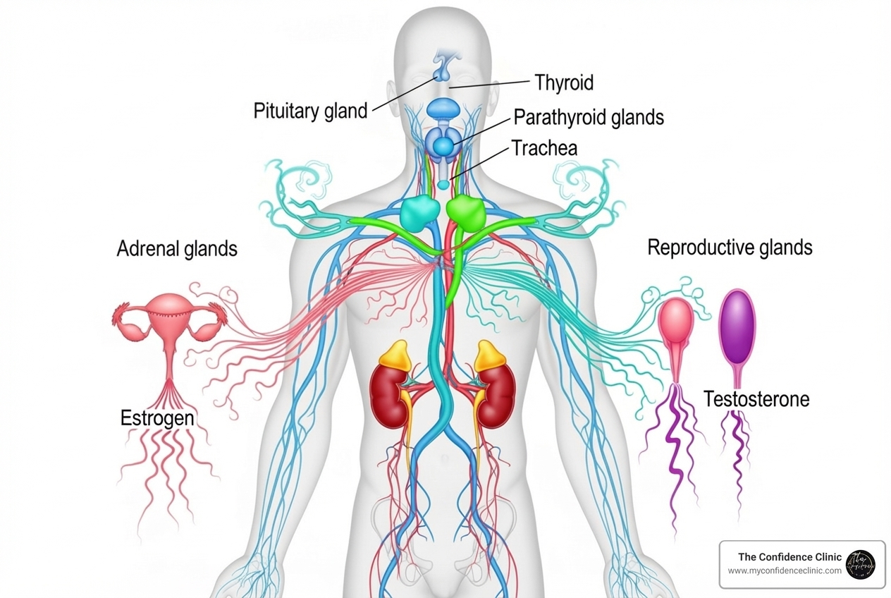 Illustration of the endocrine system and key hormones like estrogen, testosterone, and thyroid - hormone replacement therapy clearwater florida Illustration of the endocrine system and key hormones like estrogen, testosterone, and thyroid - hormone replacement therapy clearwater florida