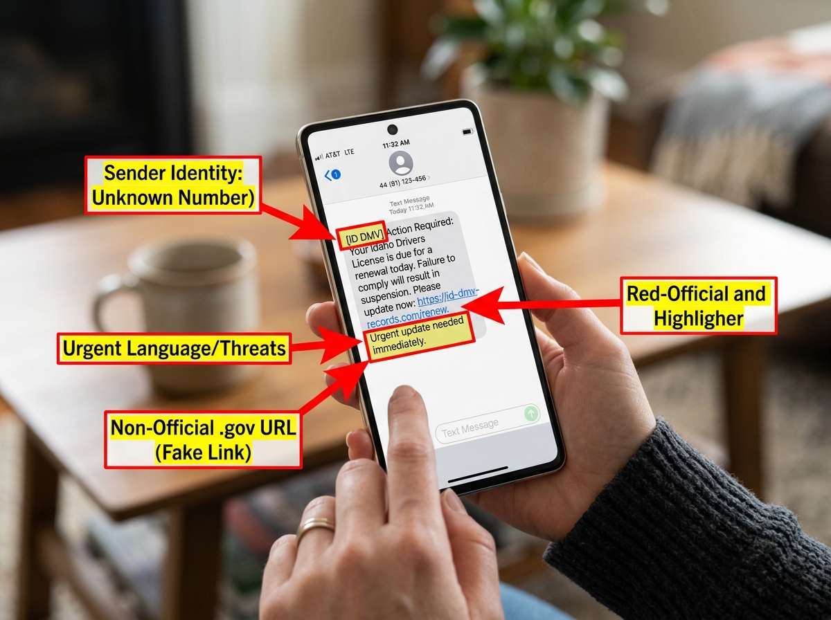 Smartphone screen highlighting red flags in a fraudulent DMV text message - idaho dmv scam Smartphone screen highlighting red flags in a fraudulent DMV text message - idaho dmv scam