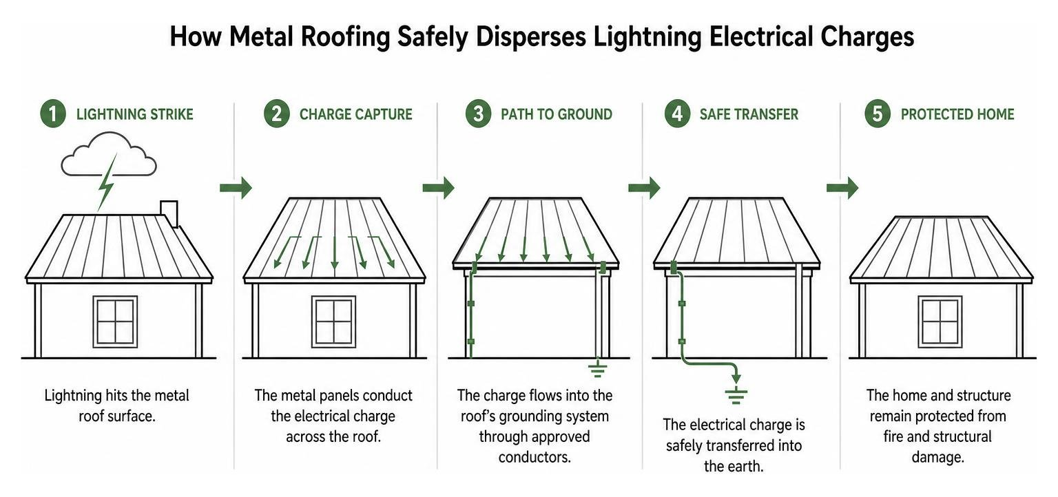 Diagram showing how metal roofing safely disperses lightning electrical charges
