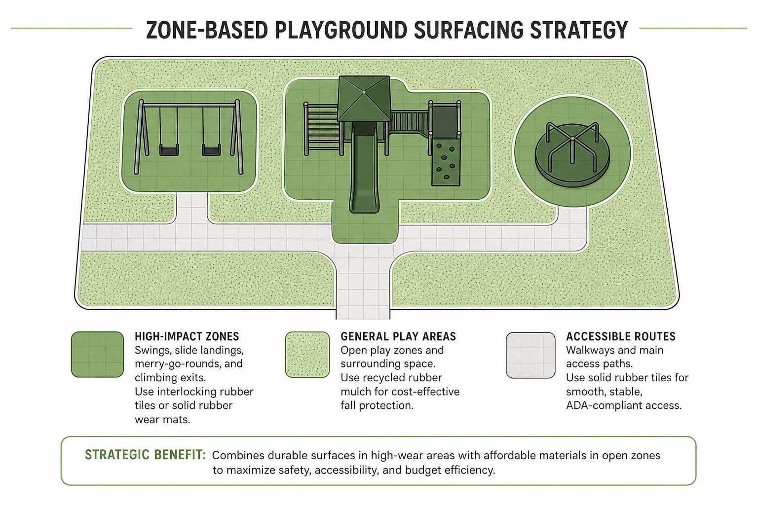 Zone-based playground surfacing strategy layout diagram