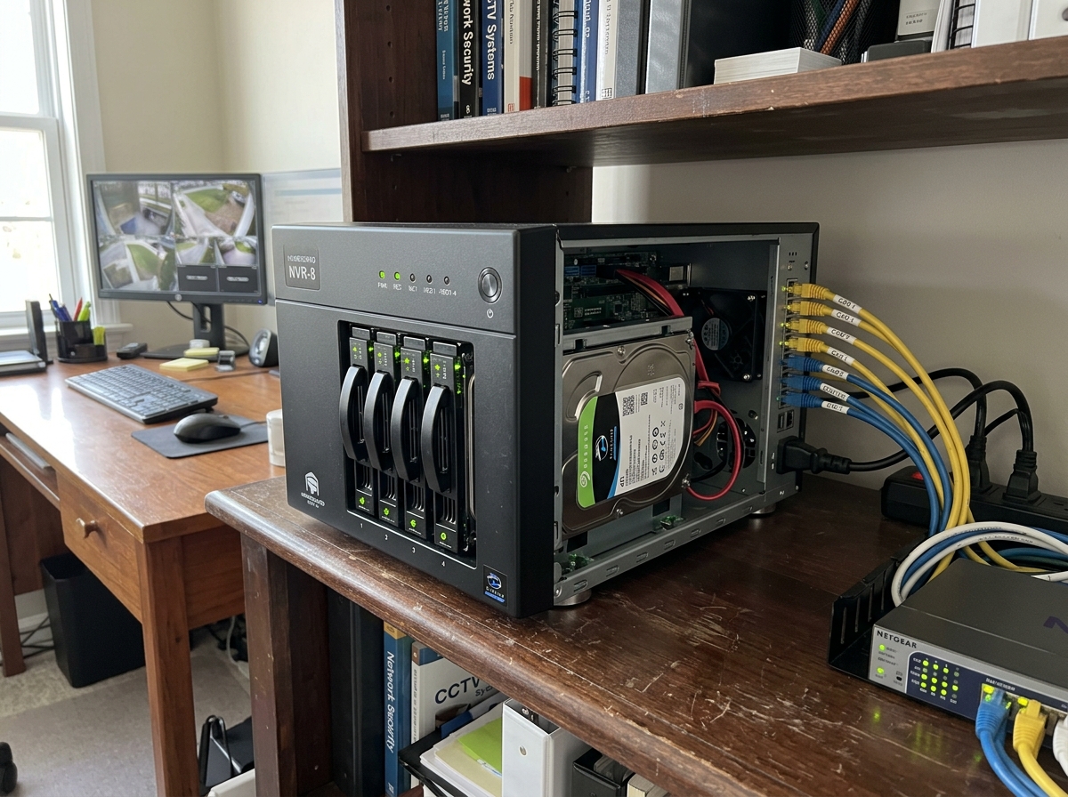 A local NVR storage unit with multiple hard drive bays - cctv cameras for house