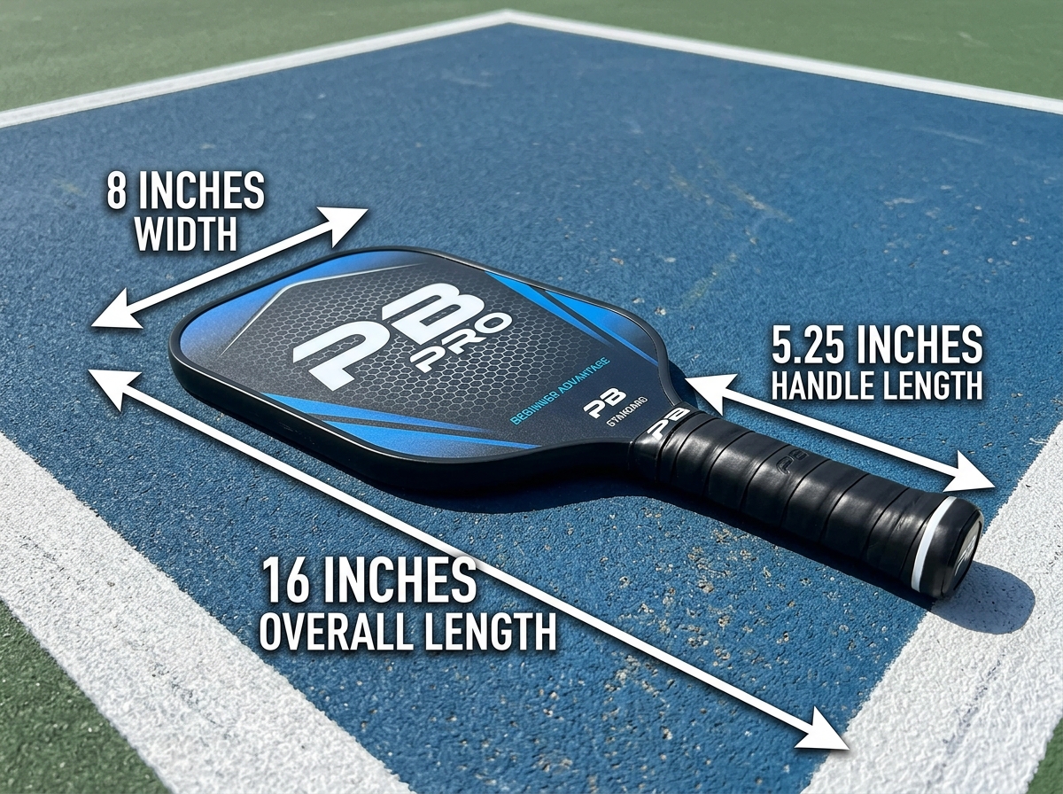 Measurements of a standard pickleball paddle showing length, width, and handle proportions - pickle ball paddle for beginners