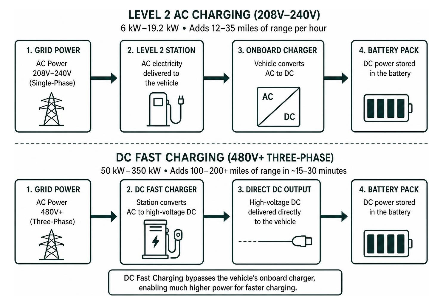 Public EV charging power flow diagram Level 2 AC vs DC Fast Public EV charging power flow diagram Level 2 AC vs DC Fast
