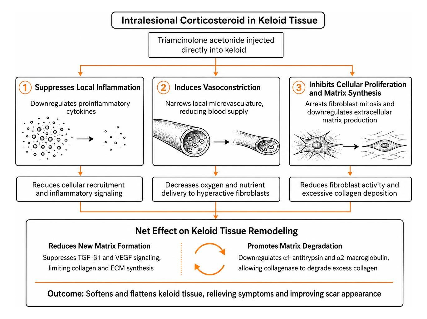 Diagram showing biological mechanisms of corticosteroid action in keloid tissue remodeling