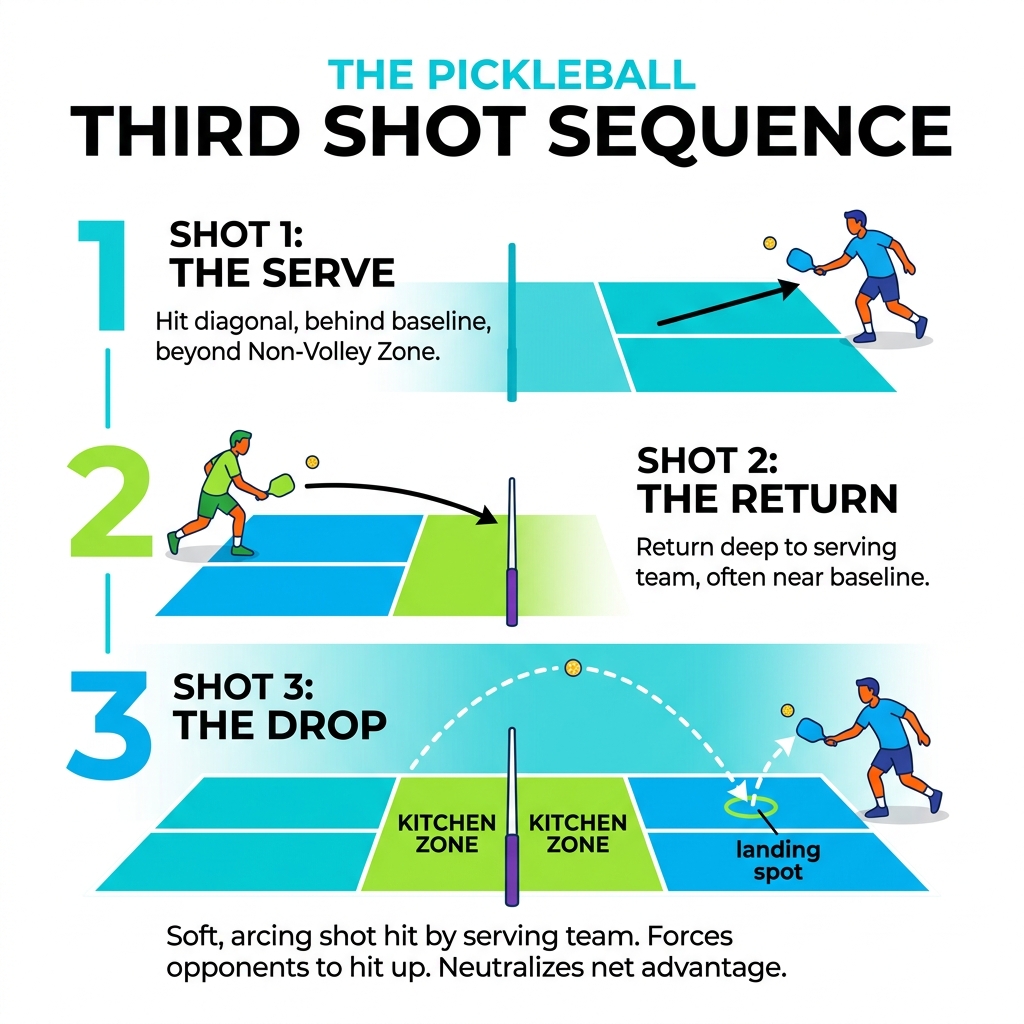 third shot sequence infographic showing serve, return, and drop landing in kitchen zone - pickleball third shot drop third shot sequence infographic showing serve, return, and drop landing in kitchen zone - pickleball third shot drop