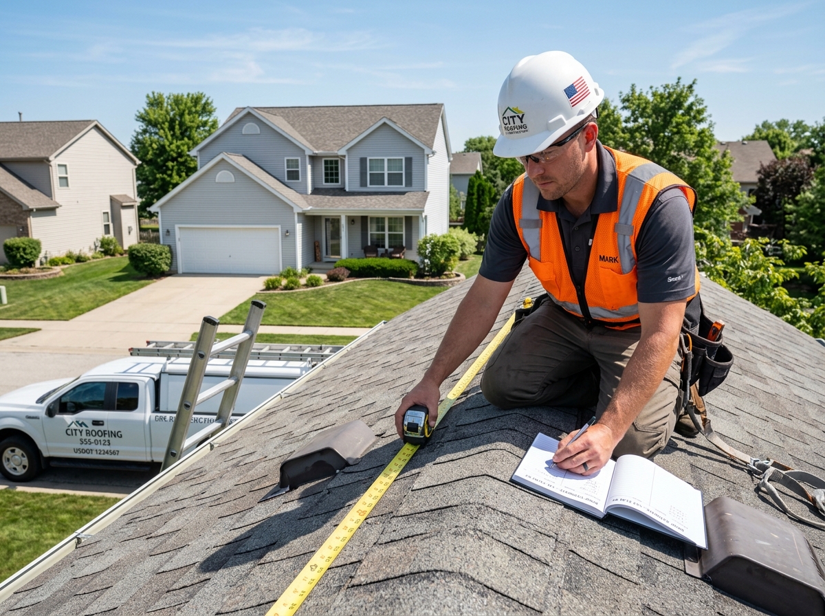 Roofing contractor measuring a residential roof for an estimate - roofing shingles cost