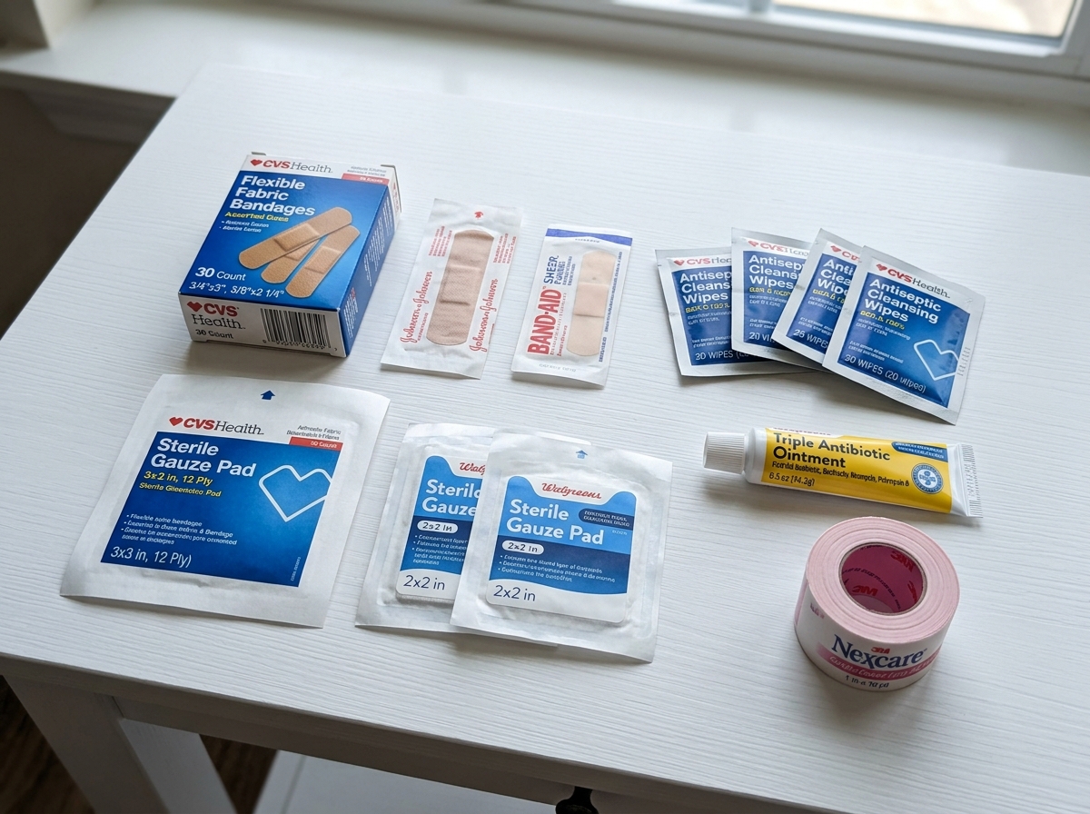 basic medical supplies like bandages and antiseptic - travel first aid kit checklist