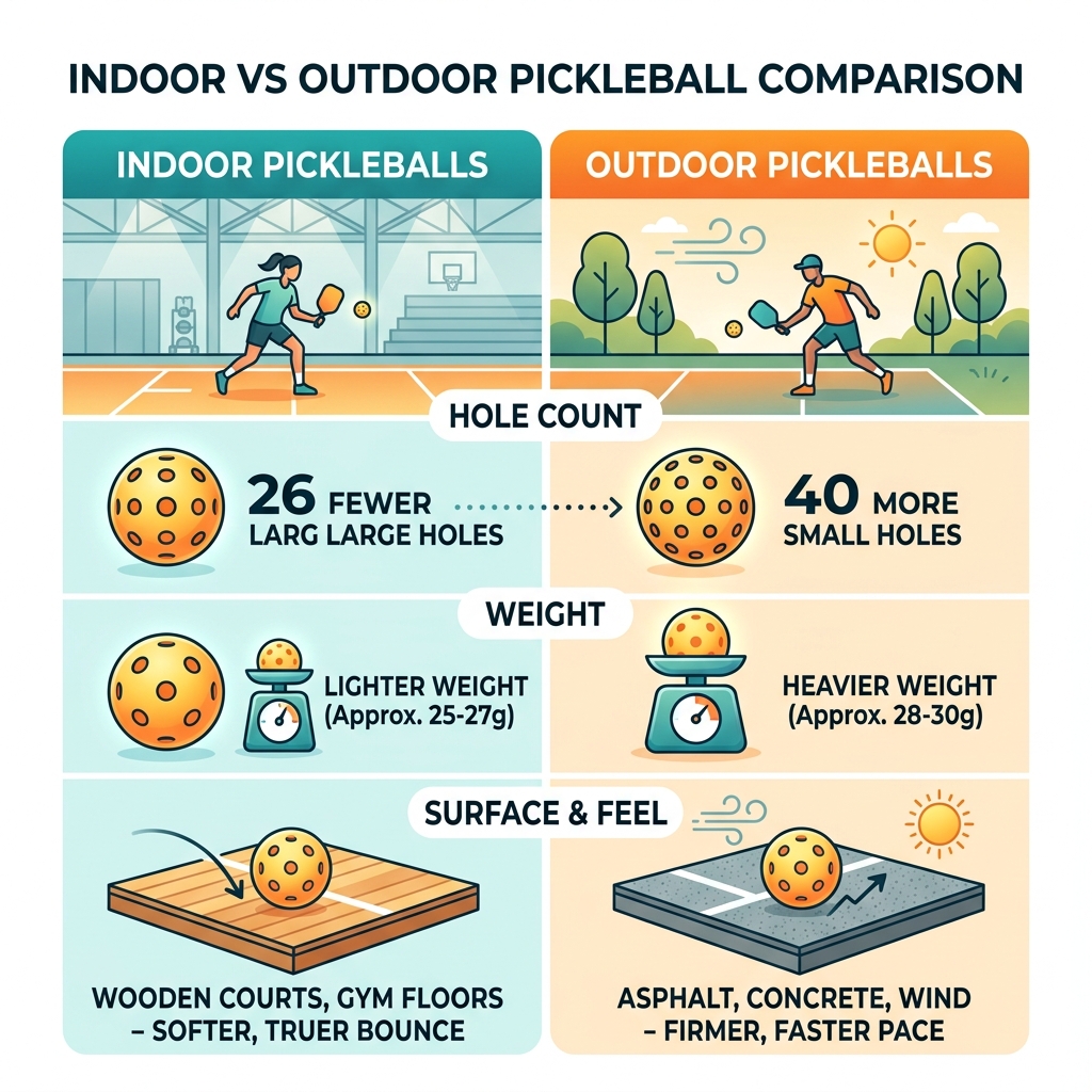 Indoor vs outdoor pickleball comparison infographic showing hole count, weight, and surface differences - indoor pickleballs