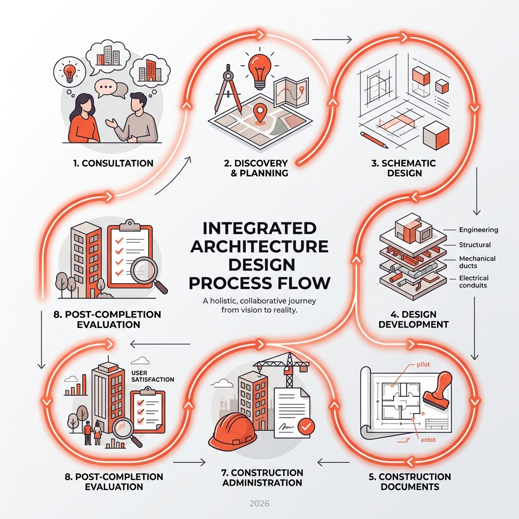 Integrated architecture design process flow from consultation to post-completion evaluation - integrated architects