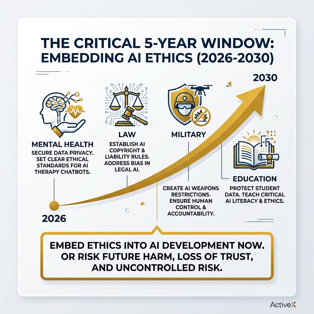 Infographic showing the critical five-year window for embedding AI ethics across mental health, law, military, and education