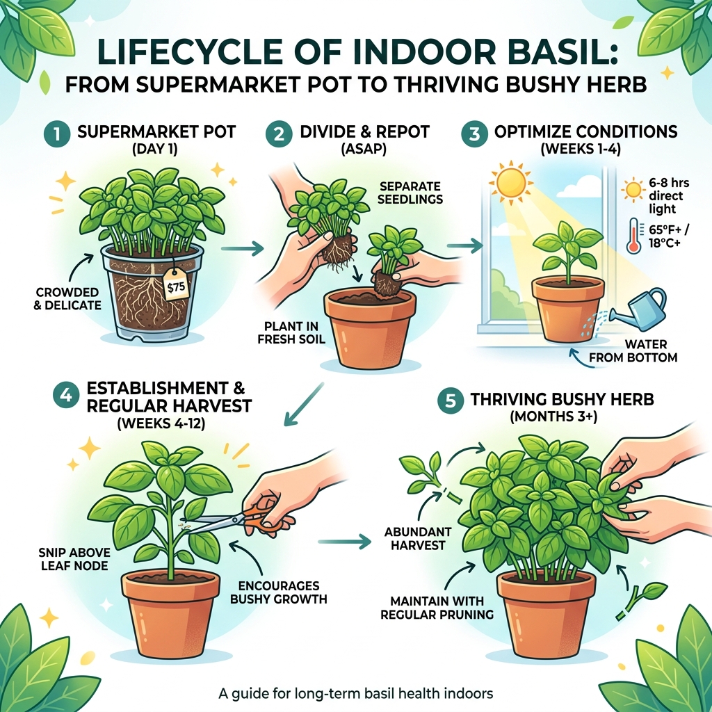 Lifecycle of indoor basil plant from supermarket pot to thriving bushy herb - keep basil alive indoors infographic Lifecycle of indoor basil plant from supermarket pot to thriving bushy herb - keep basil alive indoors infographic