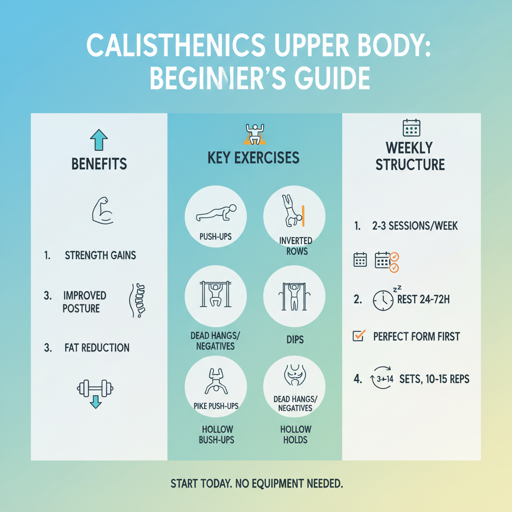 Infographic showing beginner calisthenics upper body benefits, key exercises, and weekly training structure - beginner